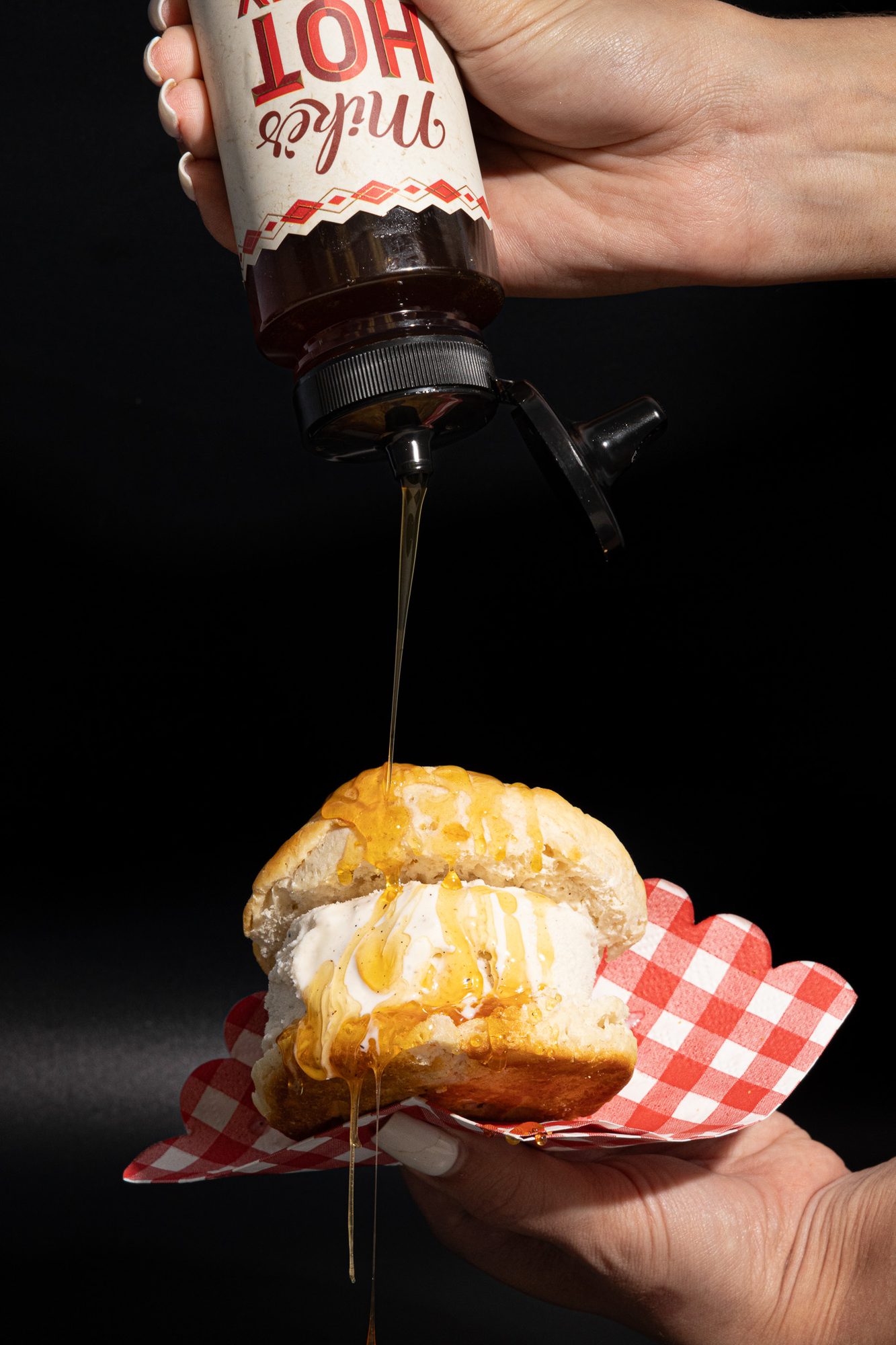 Biscuit Ice Cream Sandwich with Syrup Drizzle